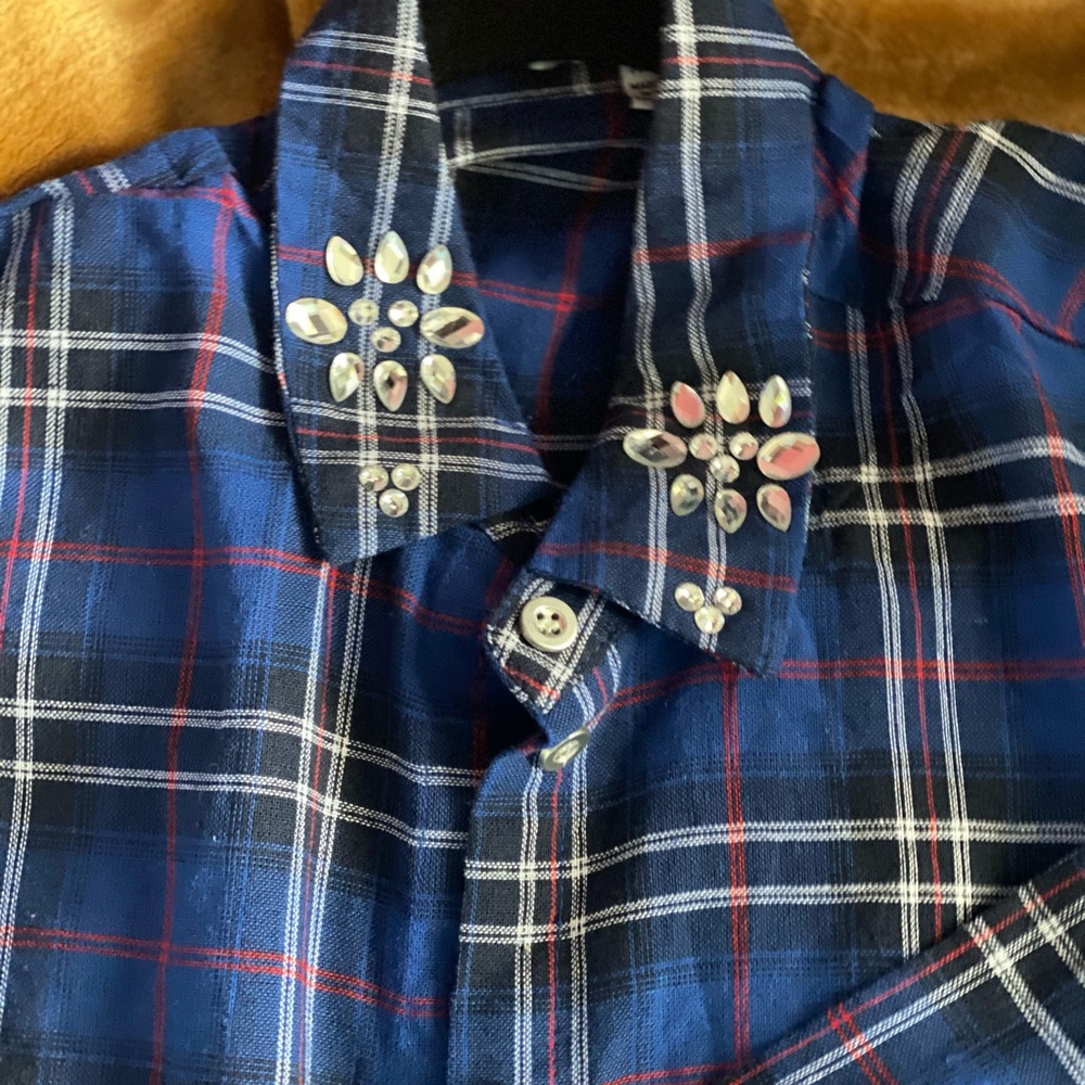 Plaid, embellished collar, long sleeve